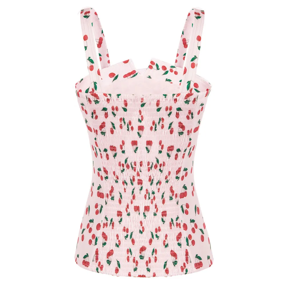 Seckill Offer⌛Vintage Cherries Print Tops Wide Straps Smocked Back Slim Fit Tank Top