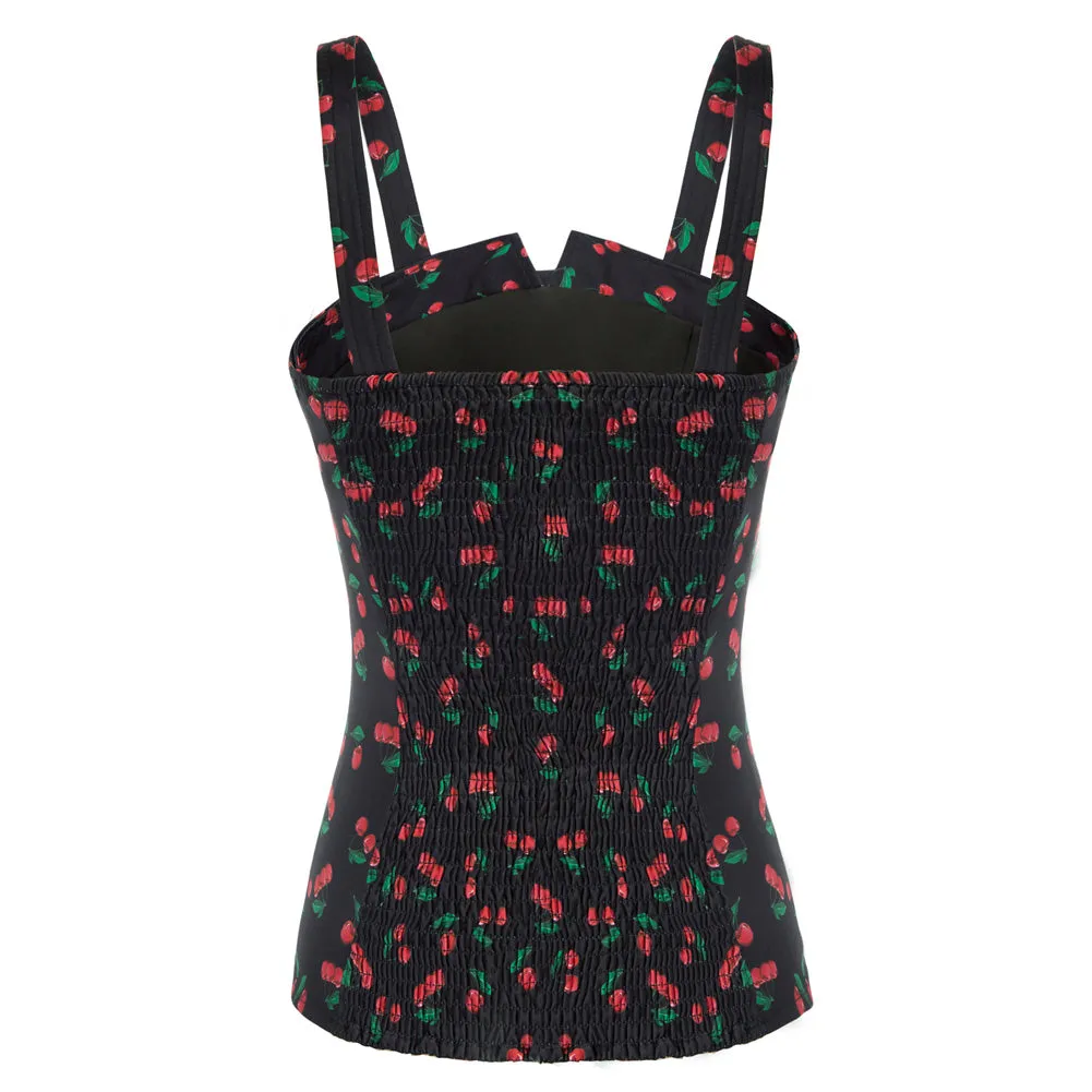 Seckill Offer⌛Vintage Cherries Print Tops Wide Straps Smocked Back Slim Fit Tank Top